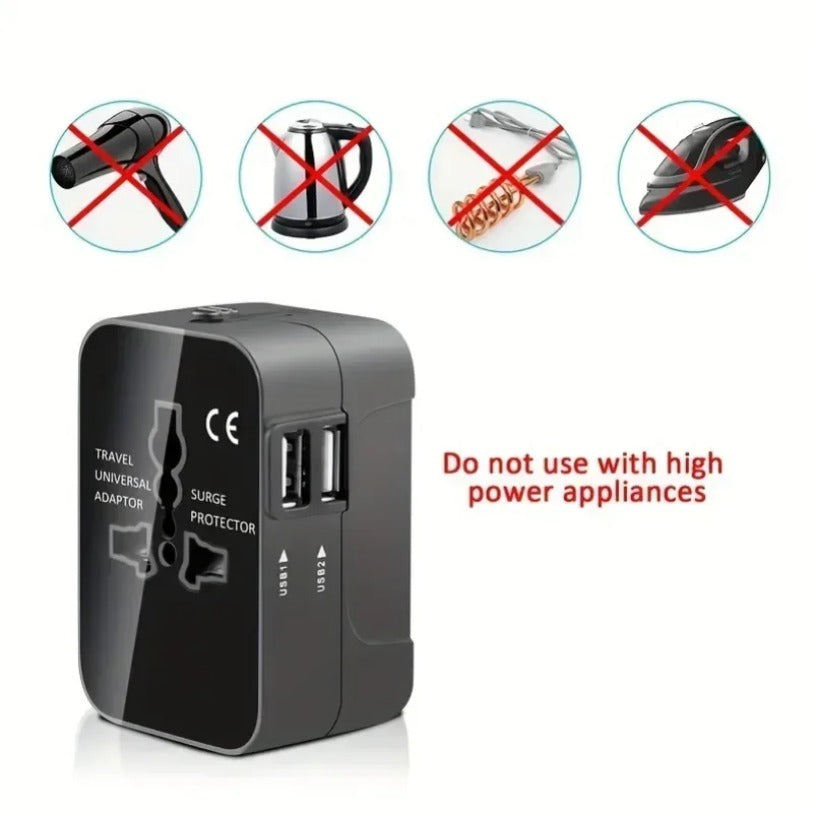 1pc Universal Travel Adapter With Dual USB Ports, 110V-240V Input, US/EU/UK/AU Plugs, Surge Protection, All-In-One Wall Charger For Over 150 Countries, Compatible With IPhone, Samsung, Tablets, And More