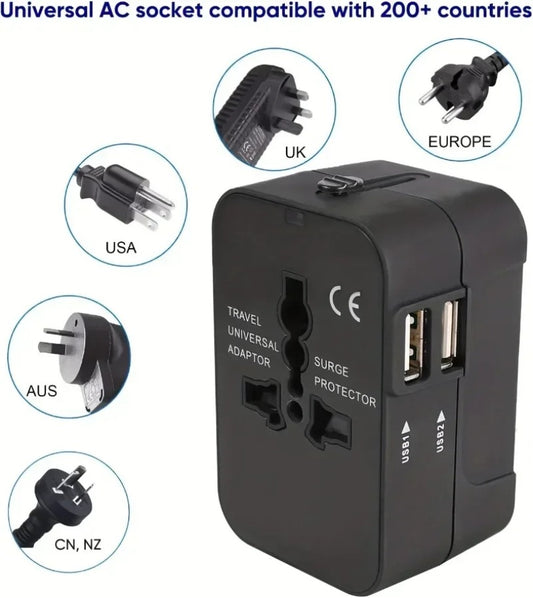 1pc Universal Travel Adapter With Dual USB Ports, 110V-240V Input, US/EU/UK/AU Plugs, Surge Protection, All-In-One Wall Charger For Over 150 Countries, Compatible With IPhone, Samsung, Tablets, And More